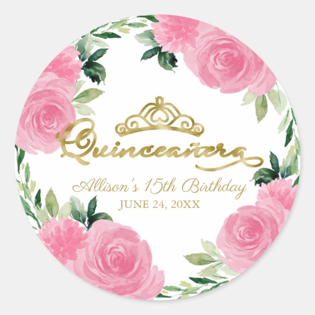 Sticker Rond Quinceanera Florale Rose Chaud  (Devant)