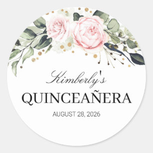 Sticker Rond Quinceanera florale rose et or