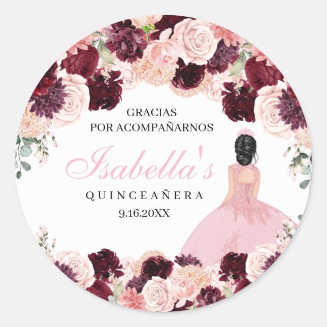 Sticker Rond Quinceanera florale rose pâle de Bourgogne (Devant)