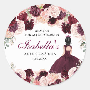 Sticker Rond Quinceanera florale rose pâle de Bourgogne