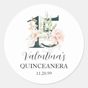 Sticker Rond Quinceanera Florale Rose Tendre