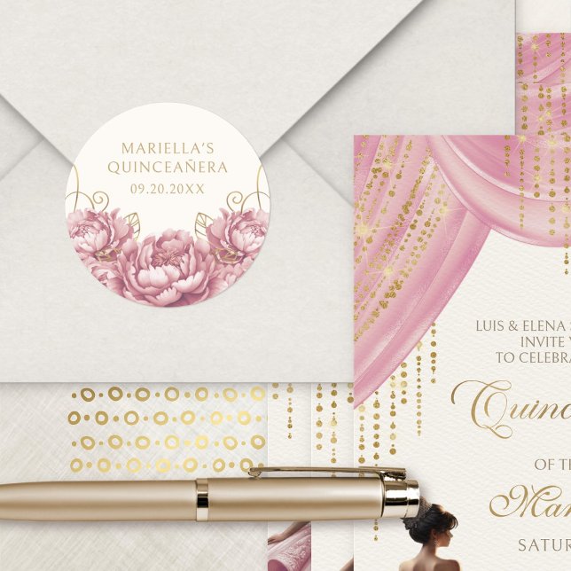 Sticker Rond Quinceanera florale rose vif (Créateur téléchargé)