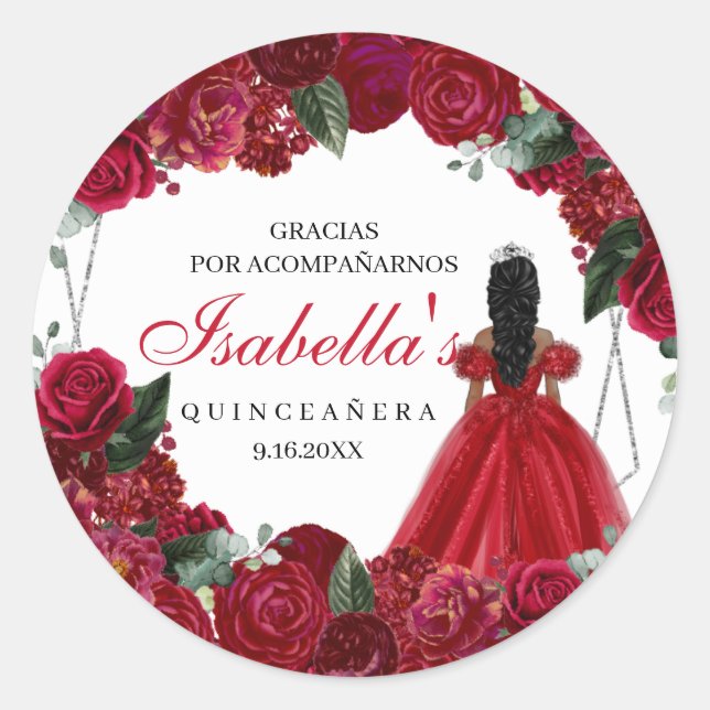 Sticker Rond Quinceanera florale rouge et argent (Devant)