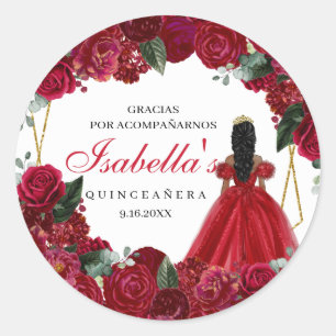 Sticker Rond Quinceanera Florale Rouge et Or Classic Round Sti