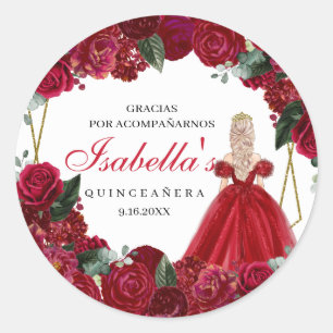 Sticker Rond Quinceanera Florale Rouge et Or Classic Round Sti