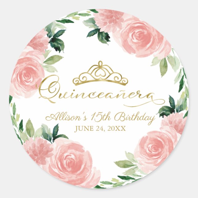 Sticker Rond Quinceanera Gold Tiara Blush Rose Floral Classic (Devant)