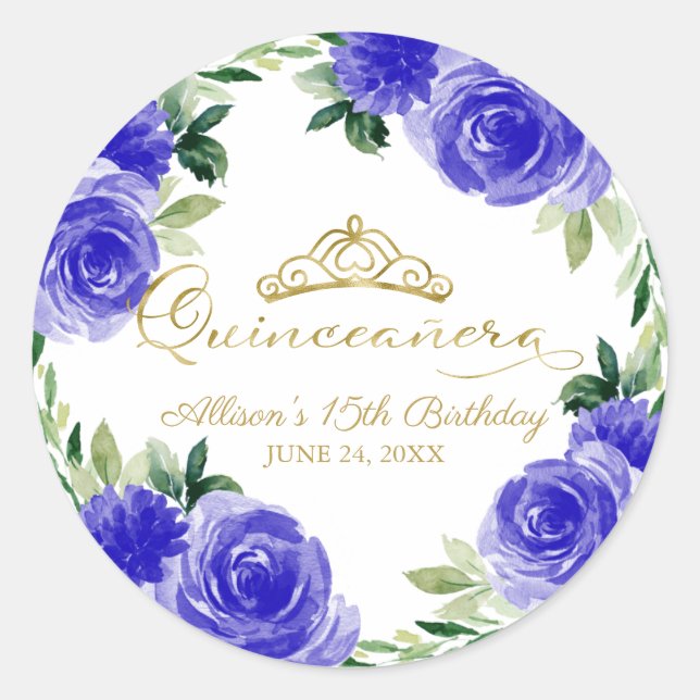 Sticker Rond Quinceanera Gold Tiara Royal Blue Floral (Devant)