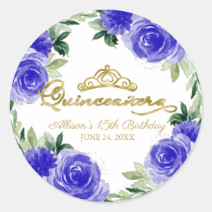 Sticker Rond Quinceanera Gold Tiara Royal Blue Floral