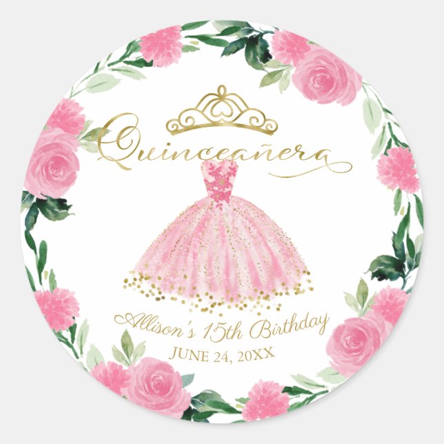 Sticker Rond Quinceanera Gown Hot rose Floral (Devant)