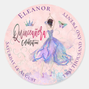 Sticker Rond Quinceanera Iridescend Blush Glam Nom de la robe D