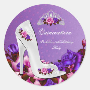 Sticker Rond Quinceanera Jolie Princesse Rose Violet Roses 3R