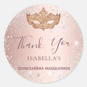 Sticker Rond Quinceanera mascarade rose or Merci argent