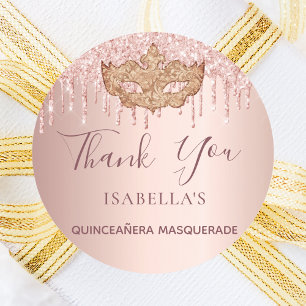 Sticker Rond Quinceanera mascarade rose or parties scintillant