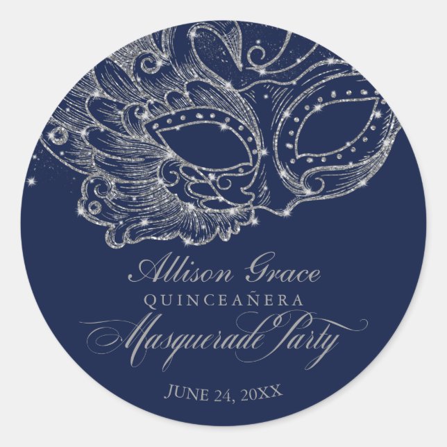 Sticker Rond Quinceanera Masquerade Party Argent bleu (Devant)