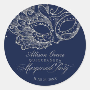 Sticker Rond Quinceanera Masquerade Party Argent bleu