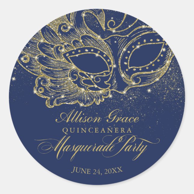 Sticker Rond Quinceanera Masquerade Party Gold Blue (Devant)