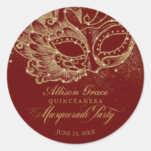 Sticker Rond Quinceanera Masquerade Party Gold Bourgogne