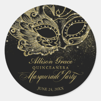Sticker Rond Quinceanera Masquerade Party Gold Noir