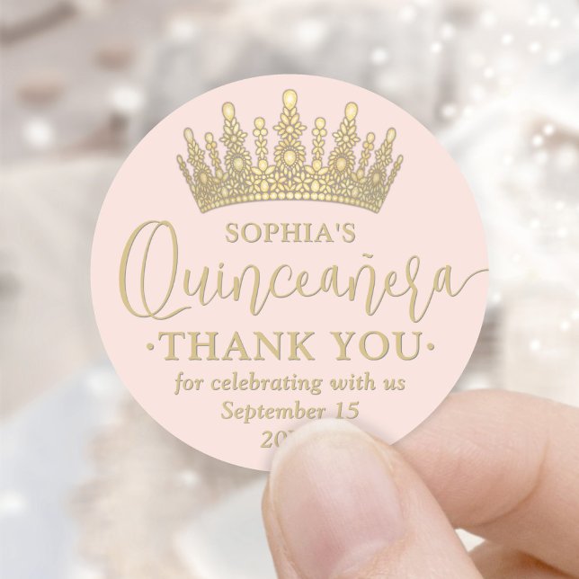 Sticker Rond Quinceañera Merci Chic Blush Pink & Gold Crown (Créateur téléchargé)