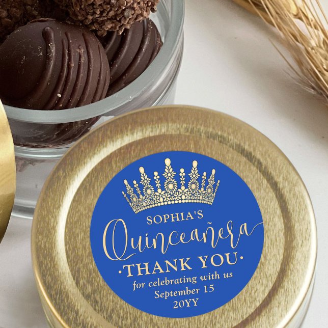Sticker Rond Quinceañera Merci Chic Royal Blue & Gold Crown (Créateur téléchargé)