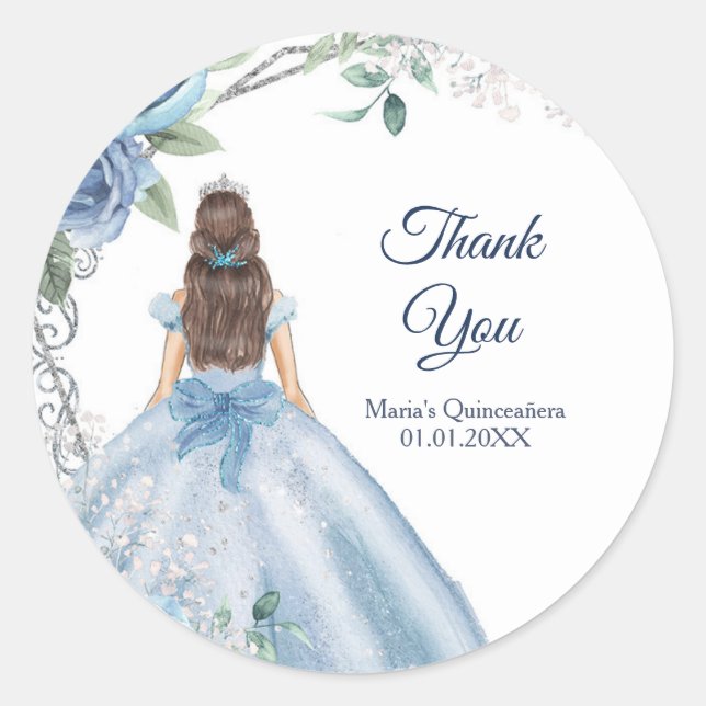 Sticker Rond Quinceañera Merci Floral bleu Dusty (Devant)