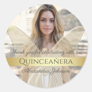 Sticker Rond Quinceanera Papillon Doré Élégant Photo
