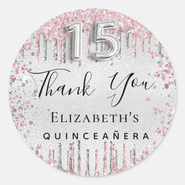 Sticker Rond Quinceanera parties scintillant rose argent goutte (Devant)