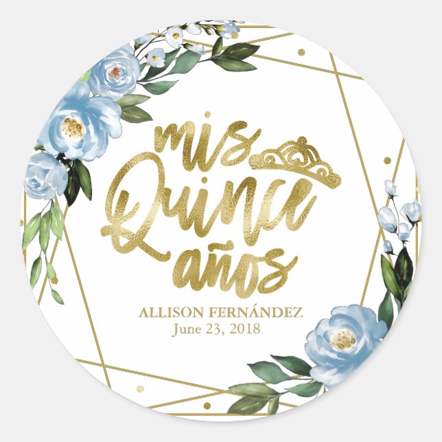 Sticker Rond Quinceanera Party Gold Foil Dusty Blue Floral (Devant)