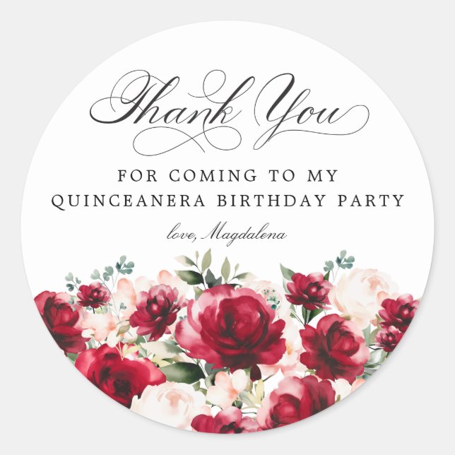 Sticker Rond Quinceanera Party Rouge rose Merci floral (Devant)