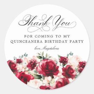 Sticker Rond Quinceanera Party Rouge rose Merci floral
