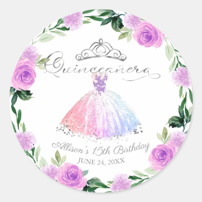 Sticker Rond Quinceanera Pastel Colonnes Argent Gown Floral (Devant)