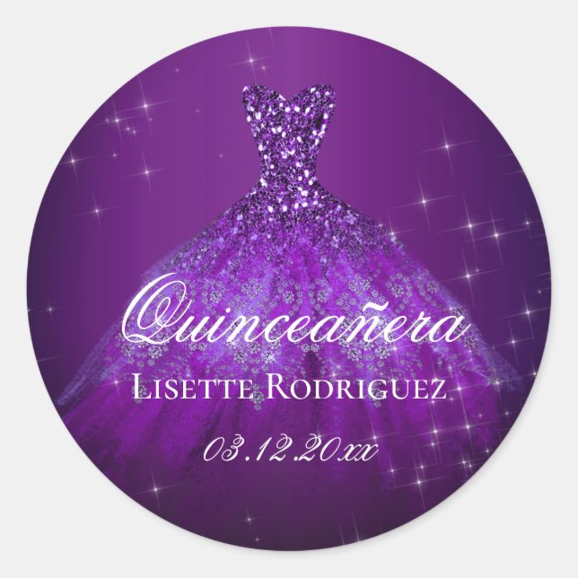 Sticker Rond Quinceanera personnalisée violet foncé (Devant)