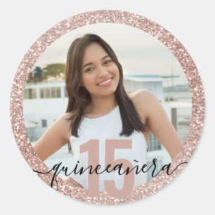 Sticker Rond Quinceanera Photo Parties scintillant rose 15e ann