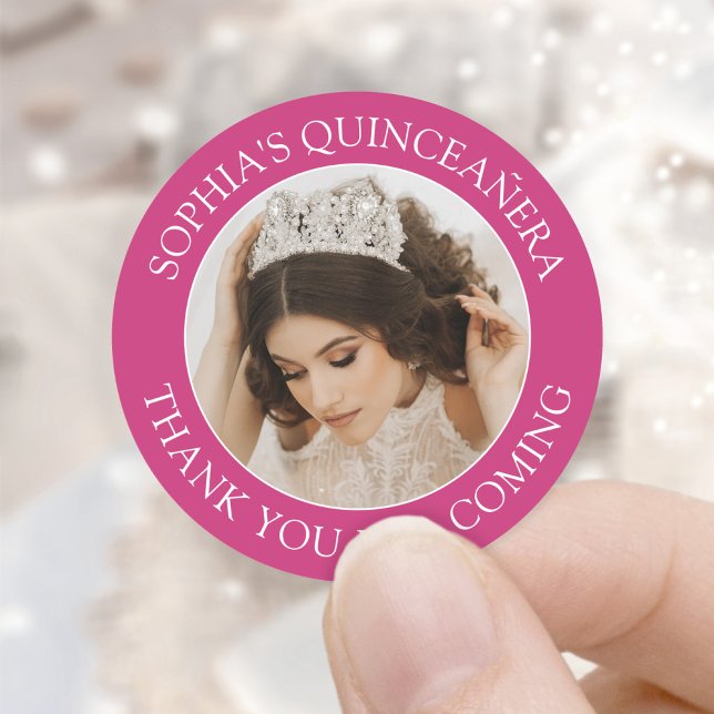 Sticker Rond Quinceañera Photo simple Fuschia Merci rose (Créateur téléchargé)