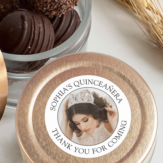 Sticker Rond Quinceañera Photo simple Merci noir et blanc (Créateur téléchargé)
