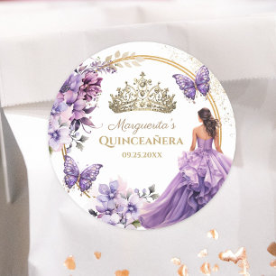Sticker Rond Quinceañera Purple Floral Gold Tiara Butterfly