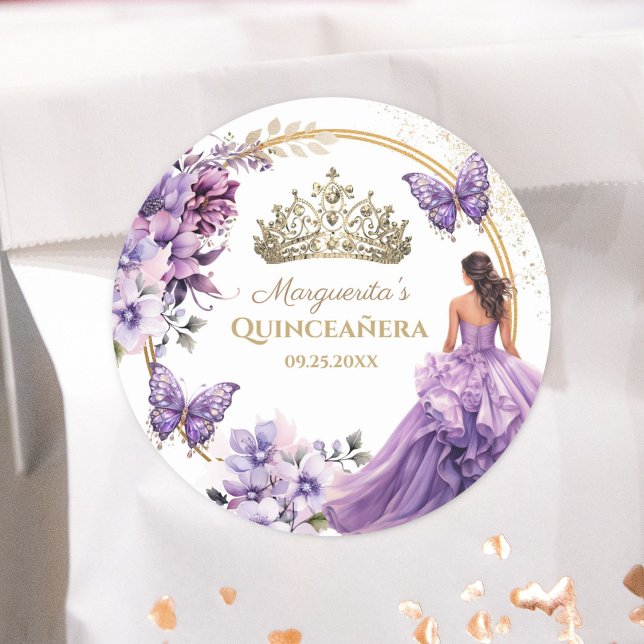 Sticker Rond Quinceañera Purple Floral Gold Tiara Butterfly (Créateur téléchargé)