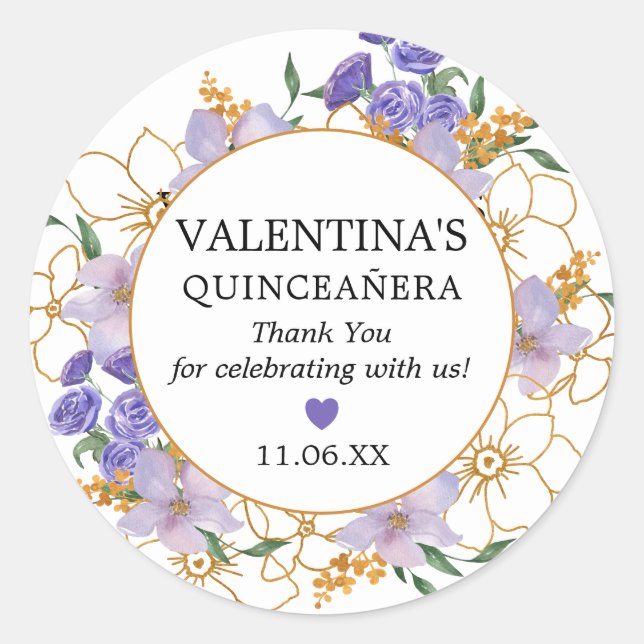 Sticker Rond Quinceanera Purple Or Floral Faveur Merci (Devant)