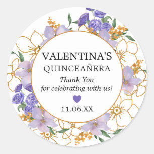 Sticker Rond Quinceanera Purple Or Floral Faveur Merci