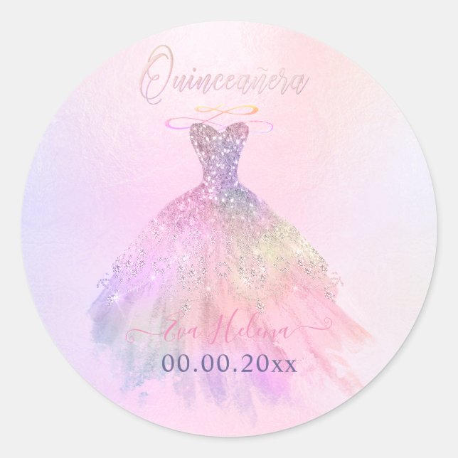 Sticker Rond Quinceañera, Robe à paillettes, Barbe à papa (Devant)
