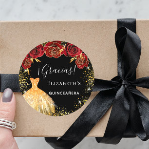 Sticker Rond Quinceanera robe noire rouge or Gracias