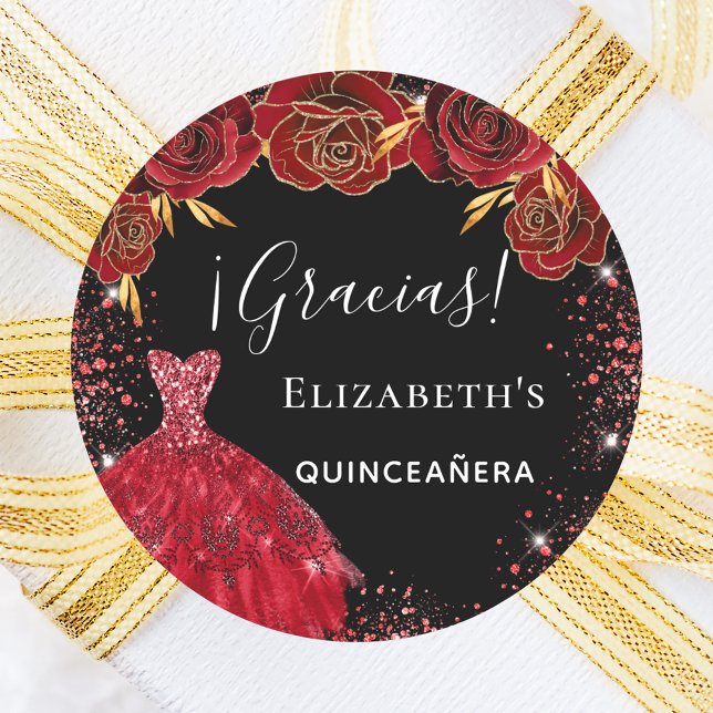 Sticker Rond Quinceanera robe rouge noir fleurs gracias (Créateur téléchargé)