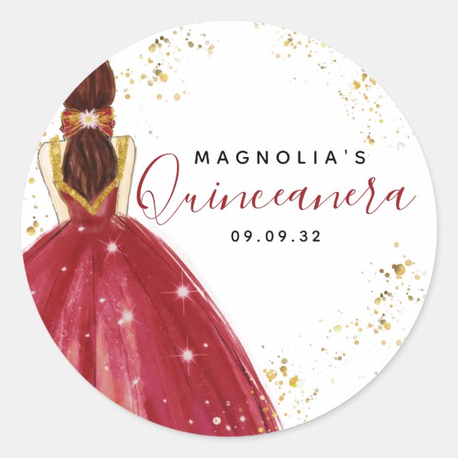 Sticker Rond Quinceanera Robe Rouge Parties scintillant or (Devant)