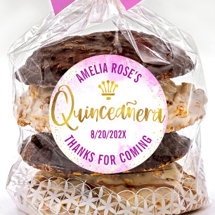 Sticker Rond Quinceañera Rose Aquarelle Feuille D'or Moderne Gl