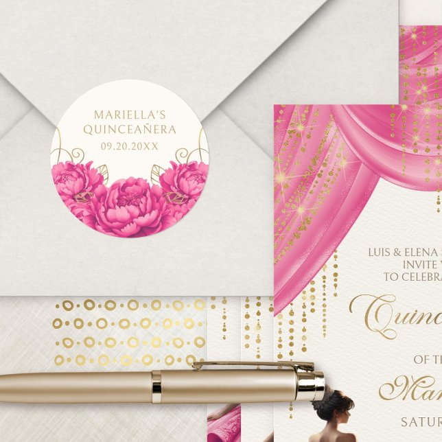 Sticker Rond Quinceanera rose chaud floral élégant (Créateur téléchargé)