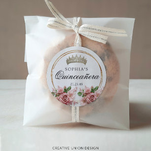 Sticker Rond Quinceañera Rose Couronne Anniversaire Faveurs