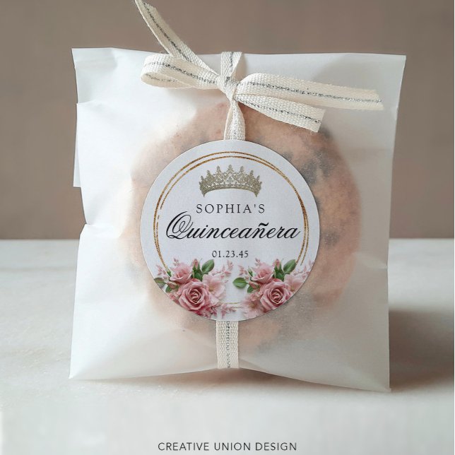 Sticker Rond Quinceañera Rose Couronne Anniversaire Faveurs (Créateur téléchargé)