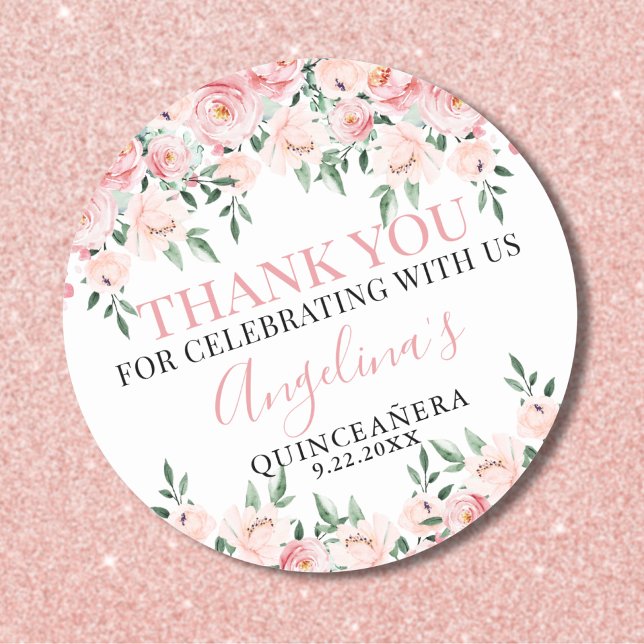 Sticker Rond Quinceañera Rose Fleurie (Floral Pink Quinceañera Birthday Thank You Classic Round Sticker)