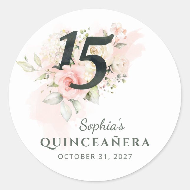 Sticker Rond Quinceanera rose Floral Rustique Blush 15e anniver (Devant)