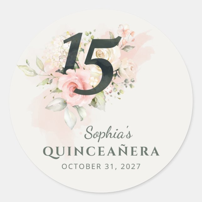 Sticker Rond Quinceanera rose Floral Rustique Blush 15e anniver (Devant)